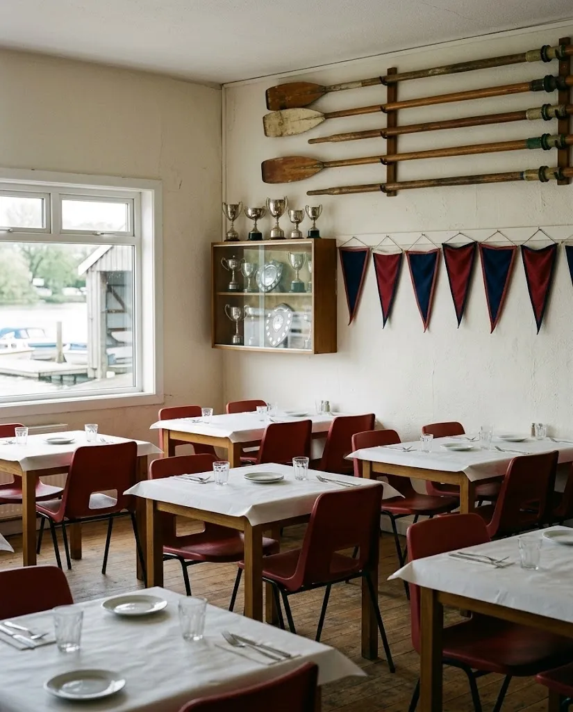 A sala com remos e troféus do clube na parede