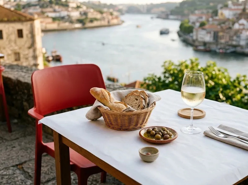 Mesa com toalha de papel e vinho branco na esplanada