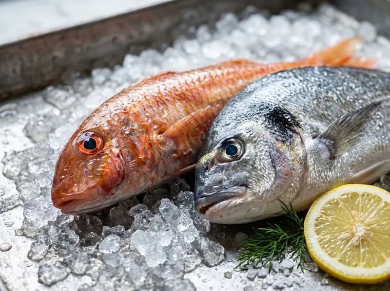 Salmonetes e douradas no gelo da montra