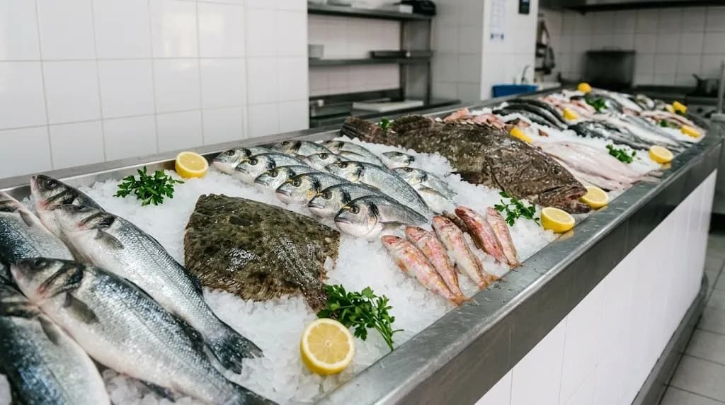 A montra de peixe em gelo da Quitanda: robalo, pregado, dourada e salmonete